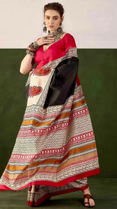 Black and Beige Ajrakh Hand Blocked Tussar Silk Saree